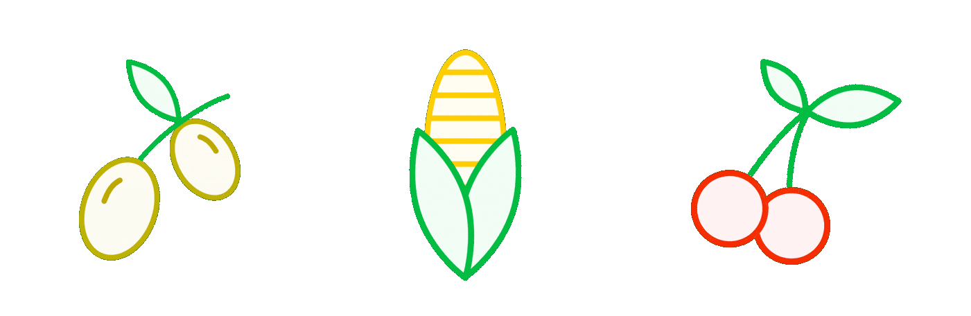 Three icons: green olives, corn, and red cherries with green leaves.