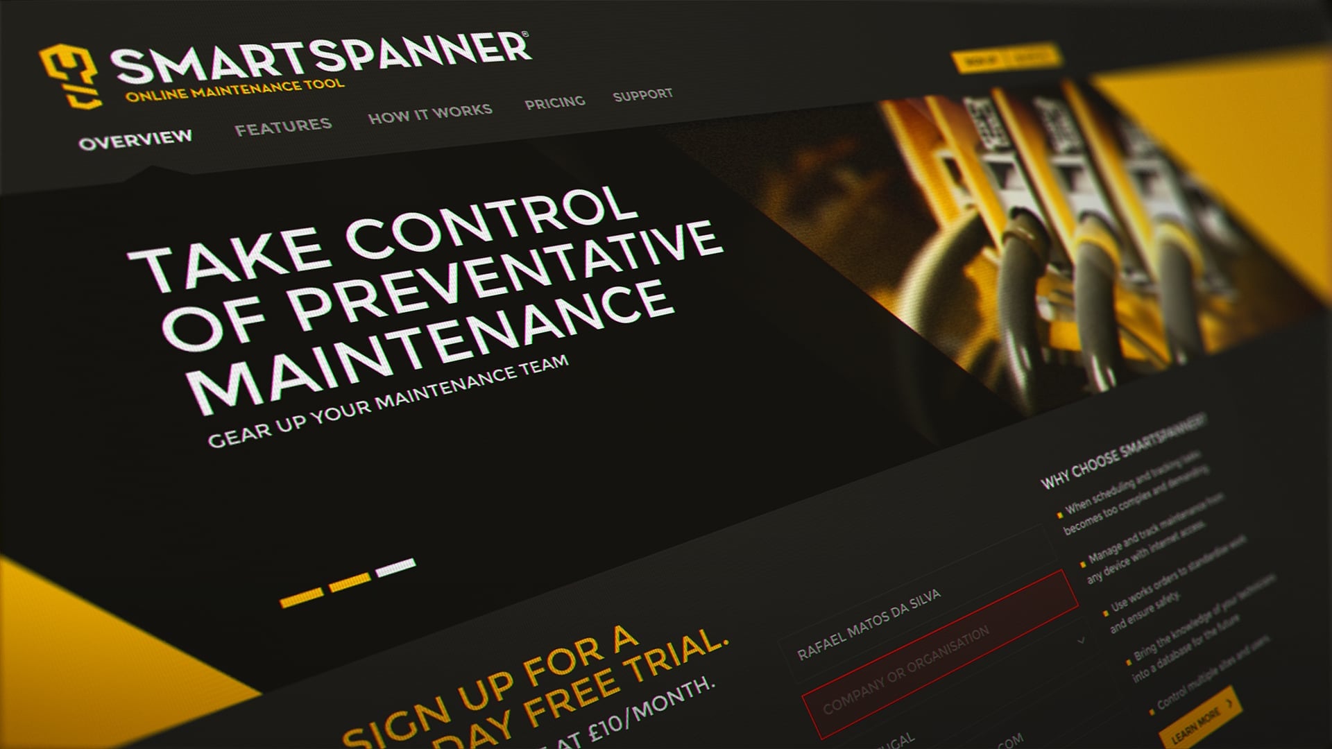Smartspanner website screenshot highlighting preventative maintenance control and free trial.