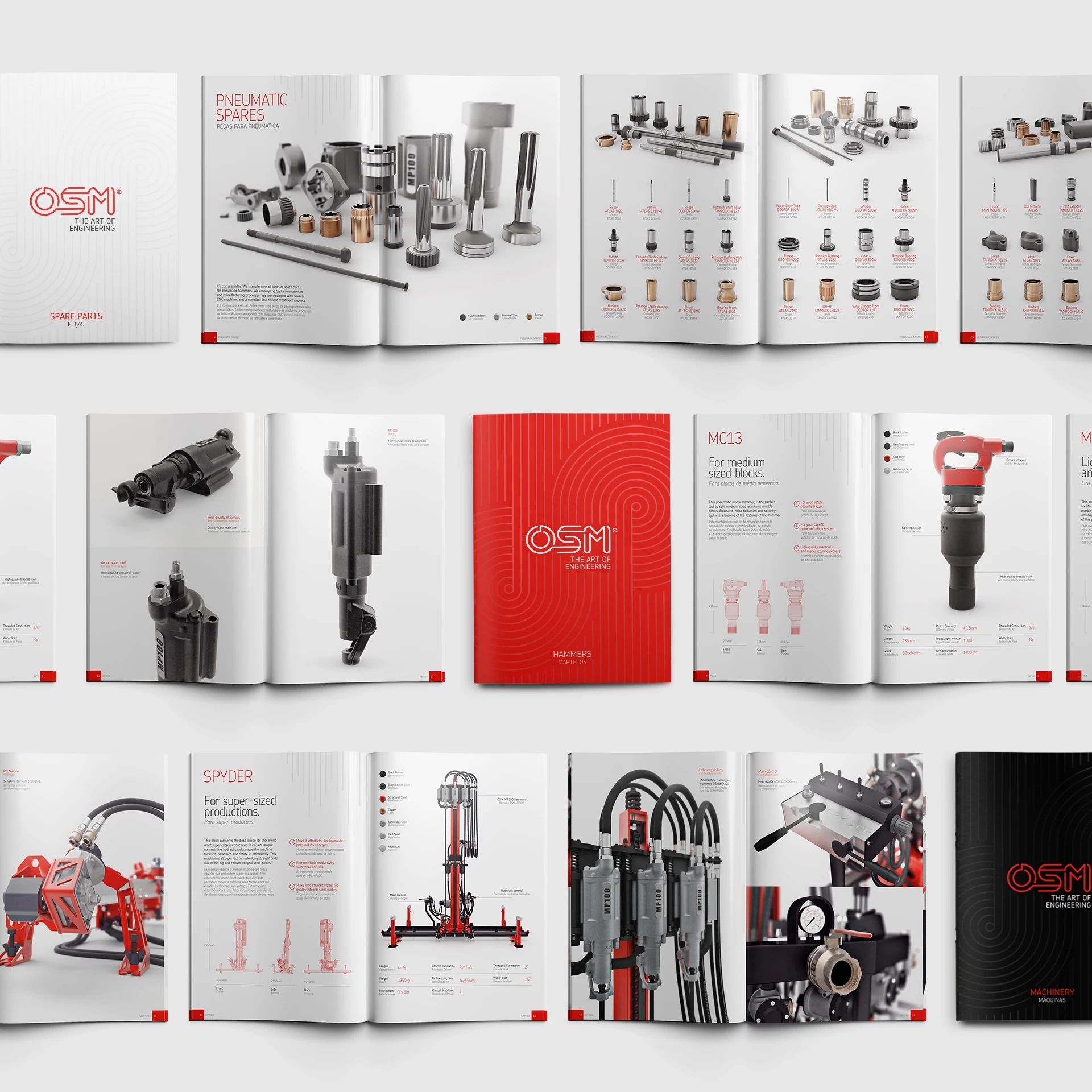OSM's engineering catalog, showcasing pneumatic spares, hammers, and machinery components.