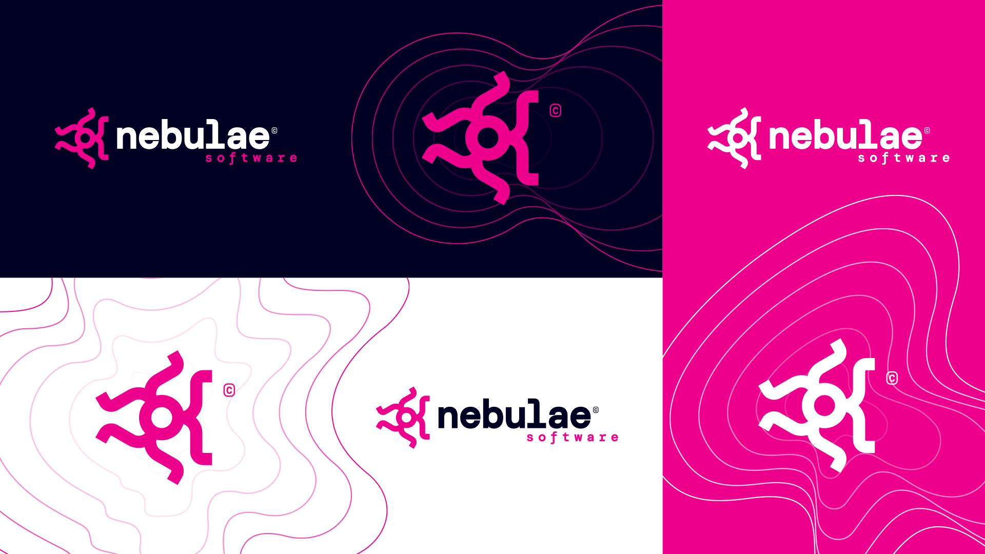Collage of Nebulae Software logo designs, featuring a bold pink logo on contrasting backgrounds.