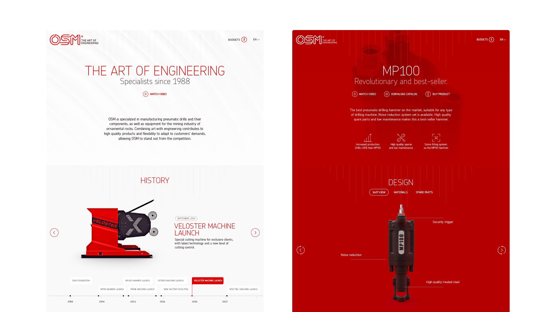 Website display showcasing OSM’s pneumatic drills, featuring product details and history.