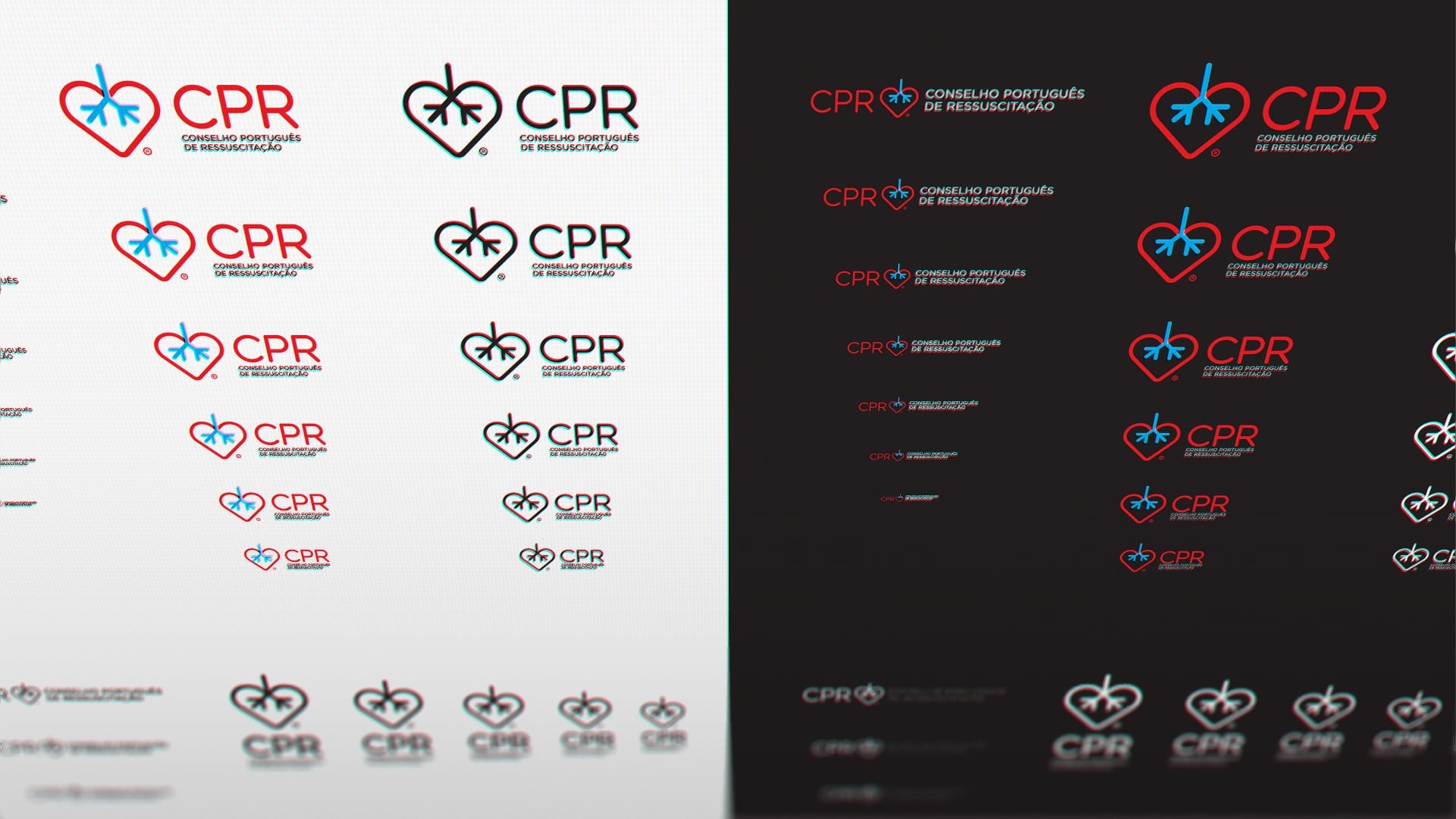 Two panels showing CPR logo variations with a heart, blue elements, and full Portuguese name.