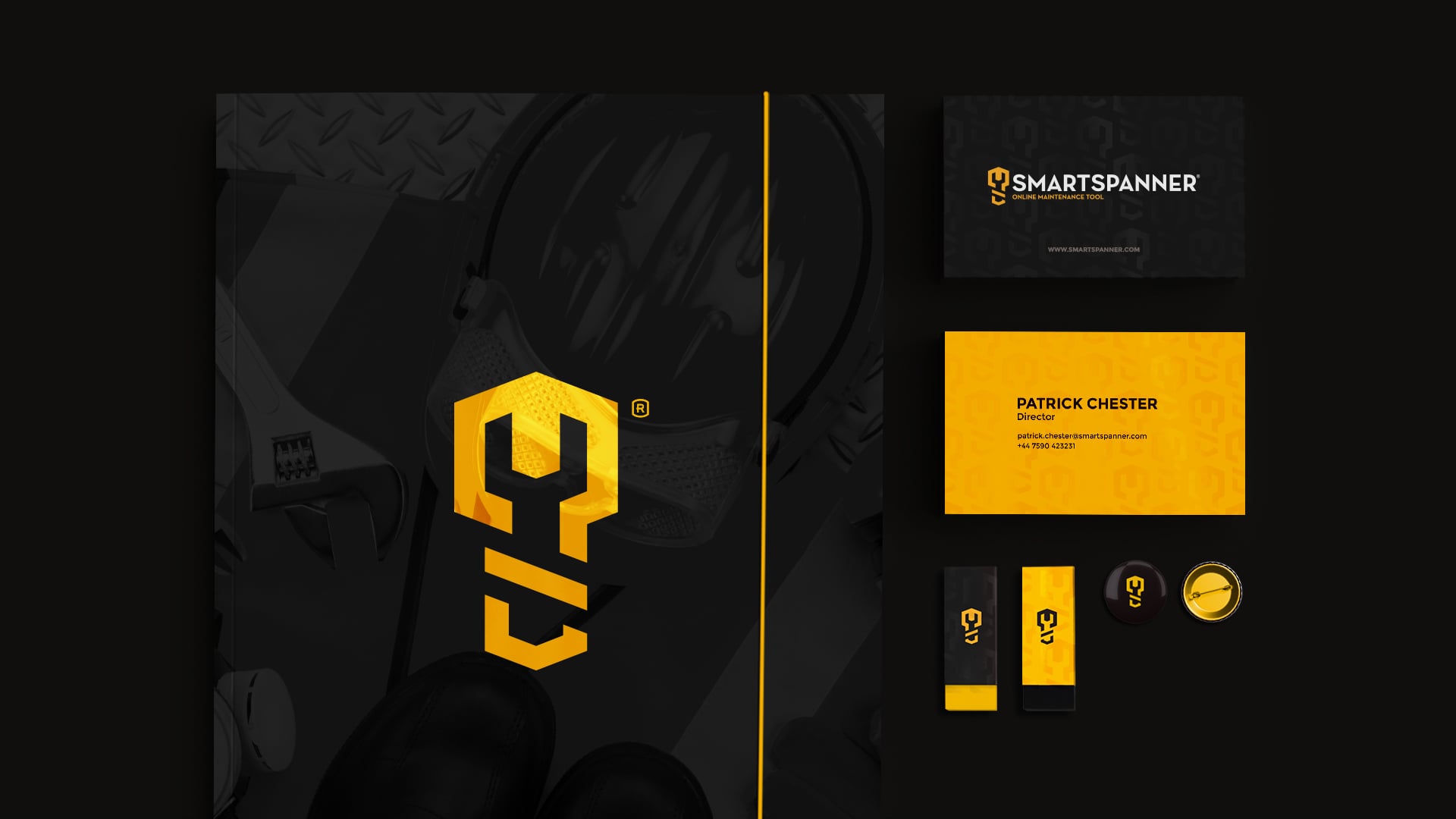Smartspanner branding with yellow logo, black cards, and tools on a dark background.