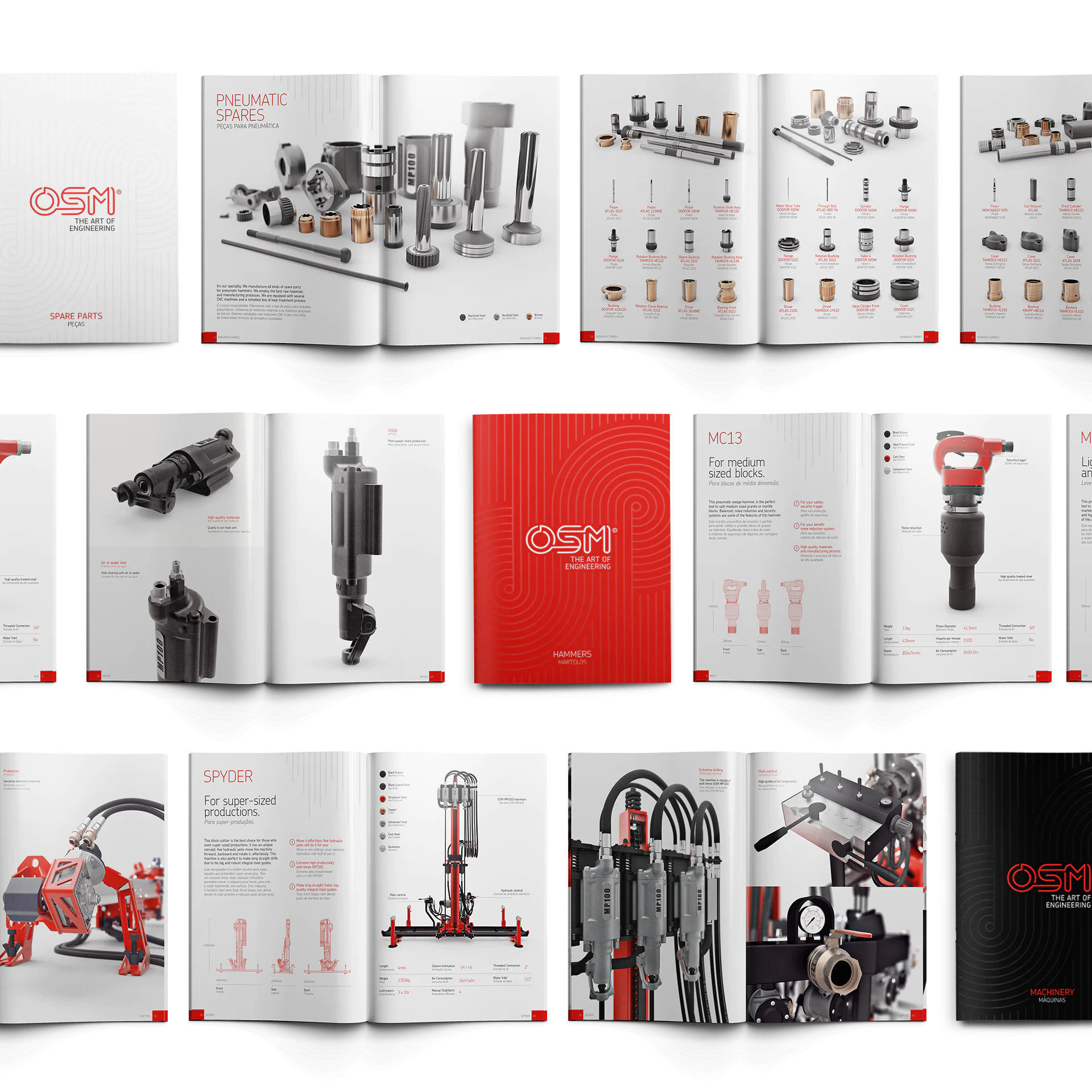 OSM's engineering catalog, showcasing pneumatic spares, hammers, and machinery components.