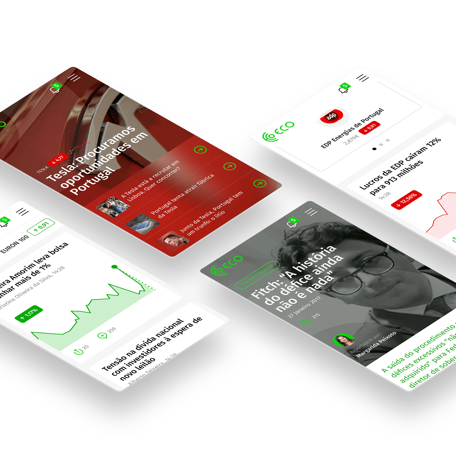 Four mobile screens with news articles and data analytics in a sleek, vibrant design.