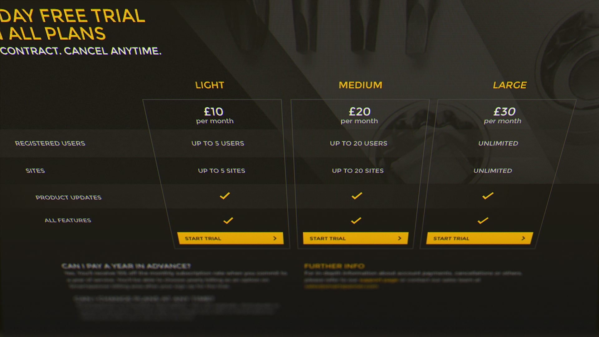 Subscription plans comparison: Light, Medium, Large with pricing and limits.