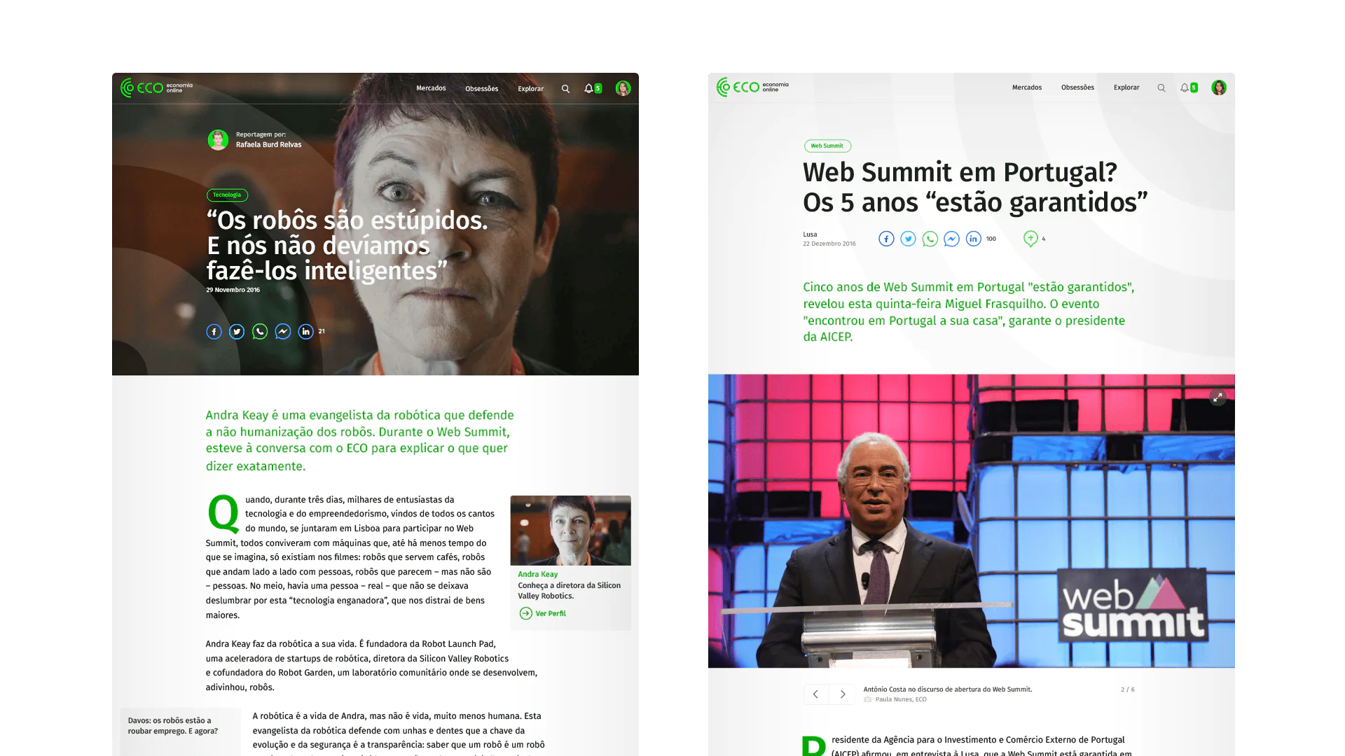 Two web pages with articles on the Web Summit in Portugal, covering robotics and event details.