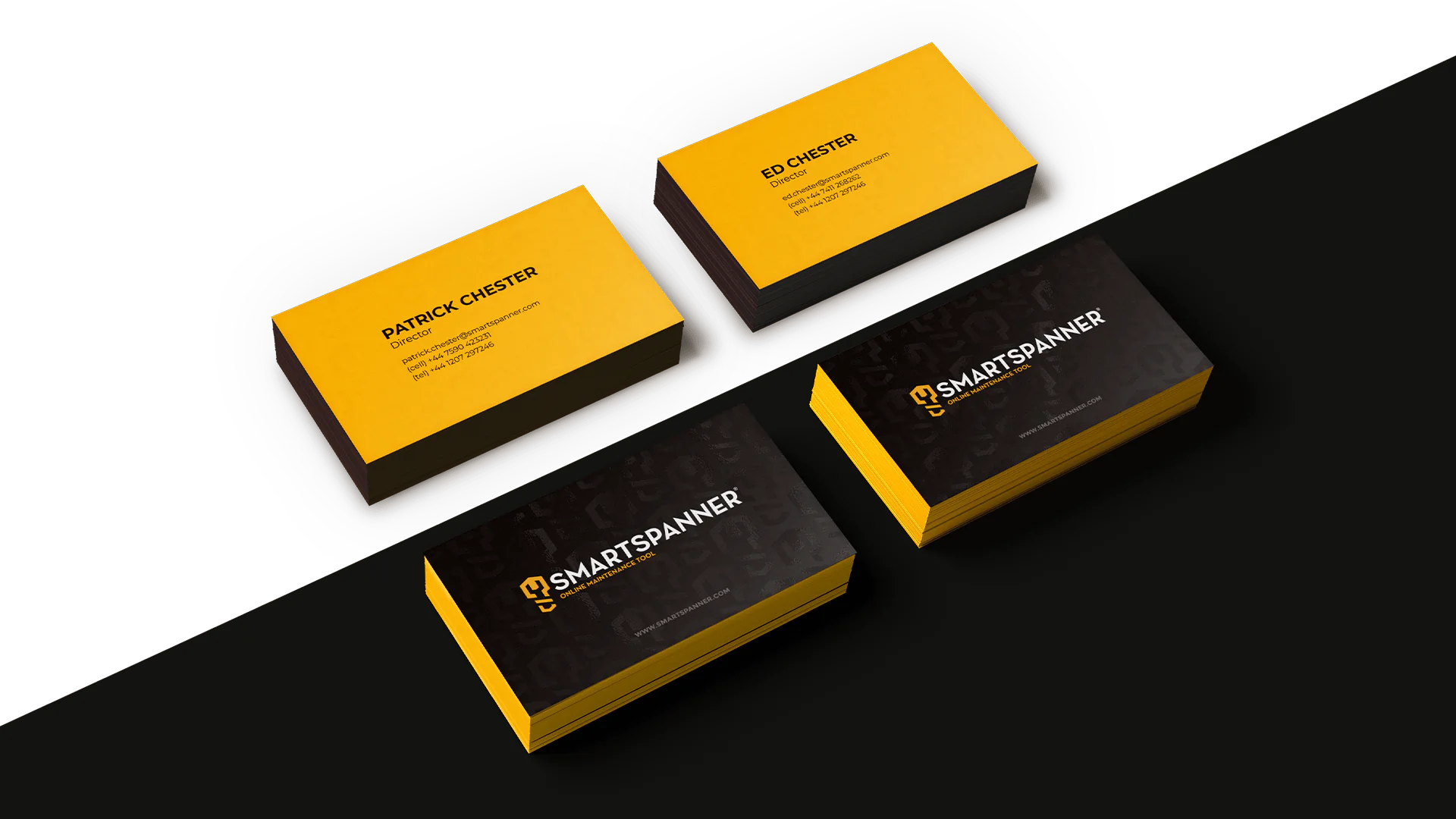 Business cards with yellow and black designs, featuring Patrick, Ed Chester, and Smart Spanner.