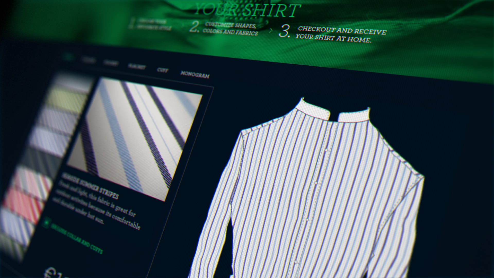 Close-up of a custom shirt design interface with striped fabric options and a preview.