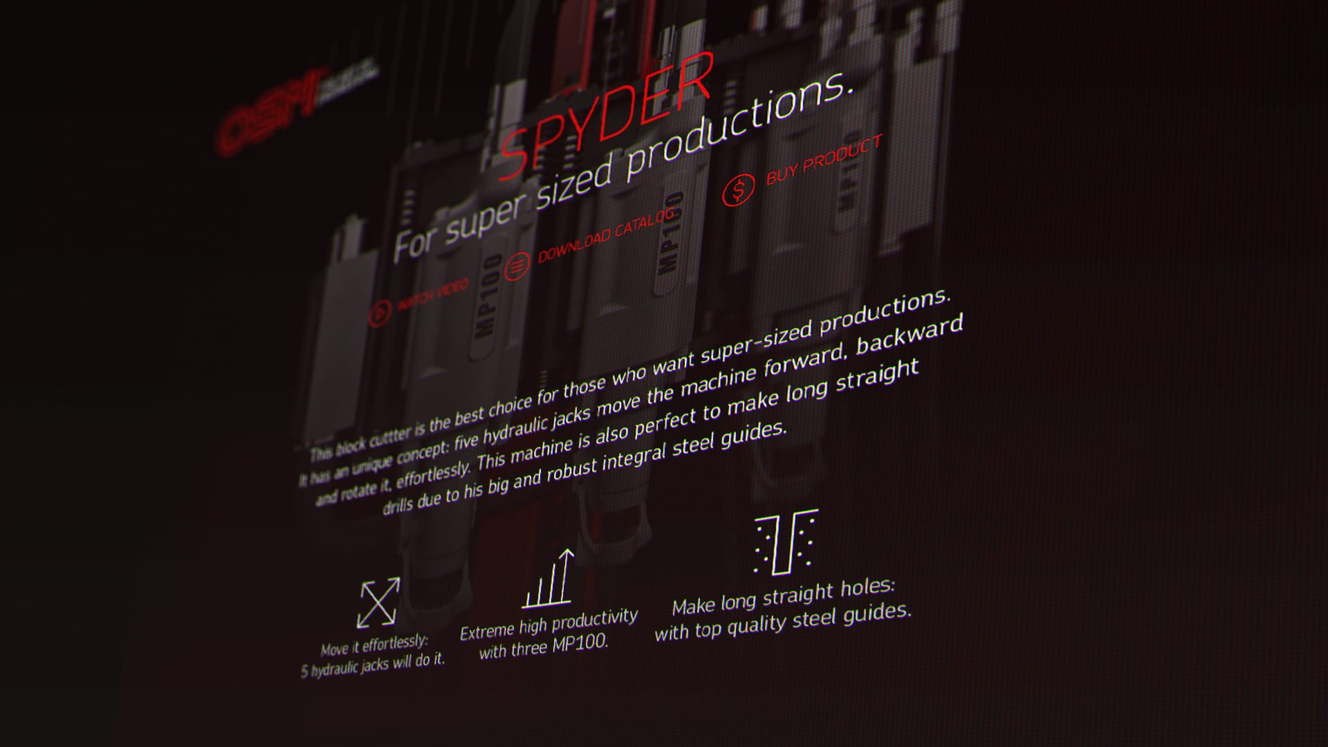 Website for Spyder block cutter, highlighting capabilities and features for production efficiency.