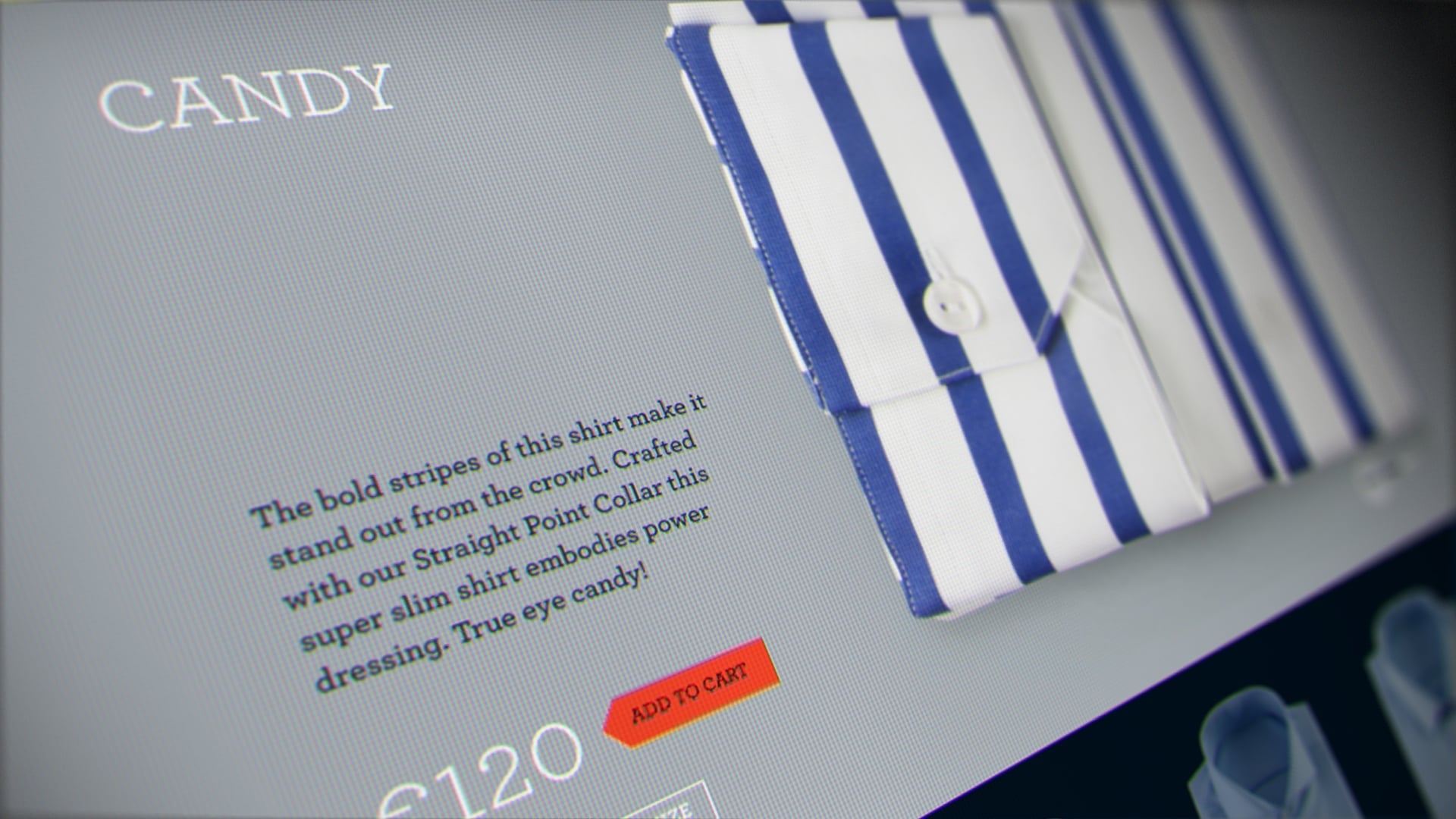 Blue and white striped shirt with an "Add to Cart" button and €120 price.