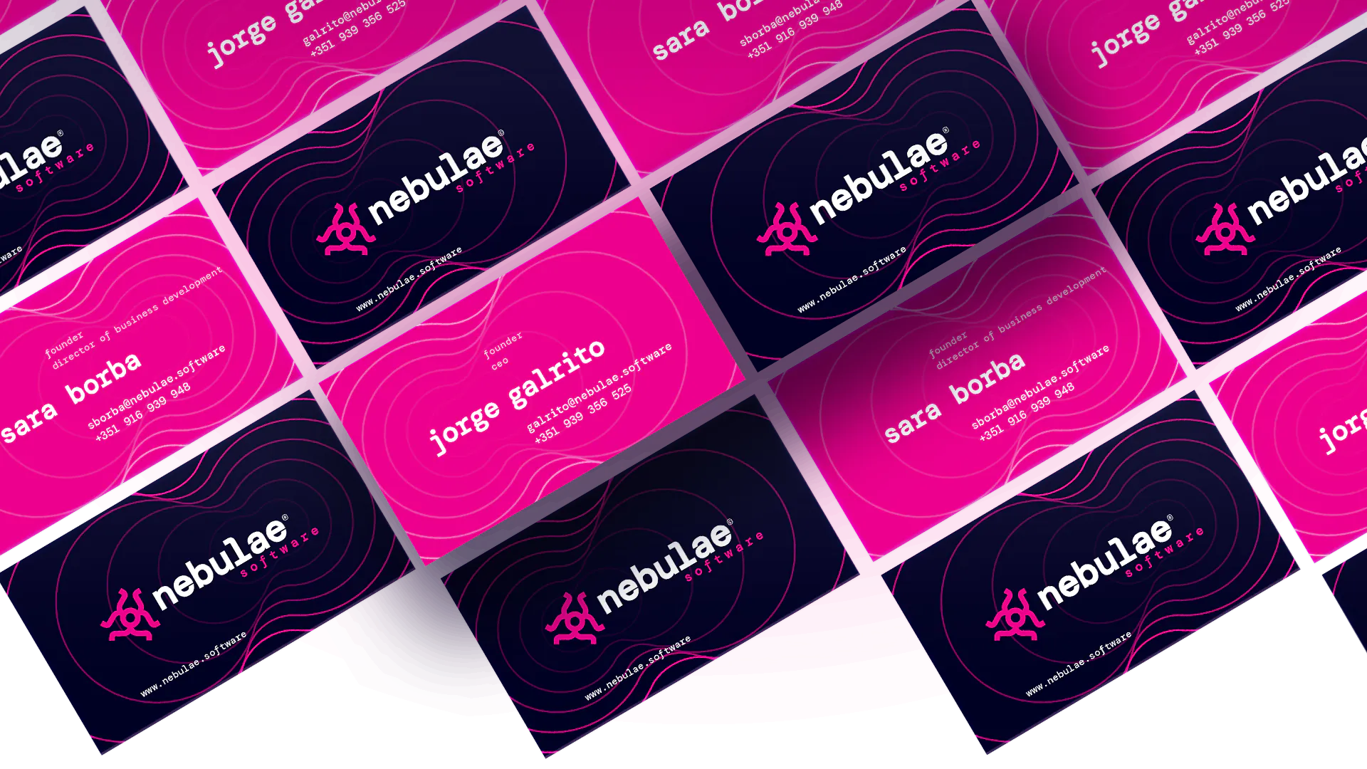 A collection of vibrant Nebulae Software business cards in pink and black with names and details.