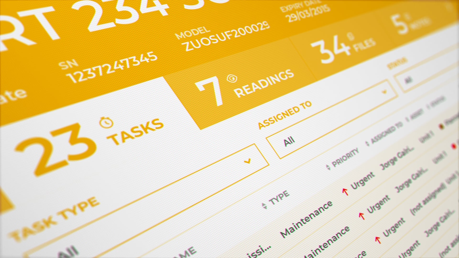 Close-up of software interface displaying task details, readings, and personnel in yellow.