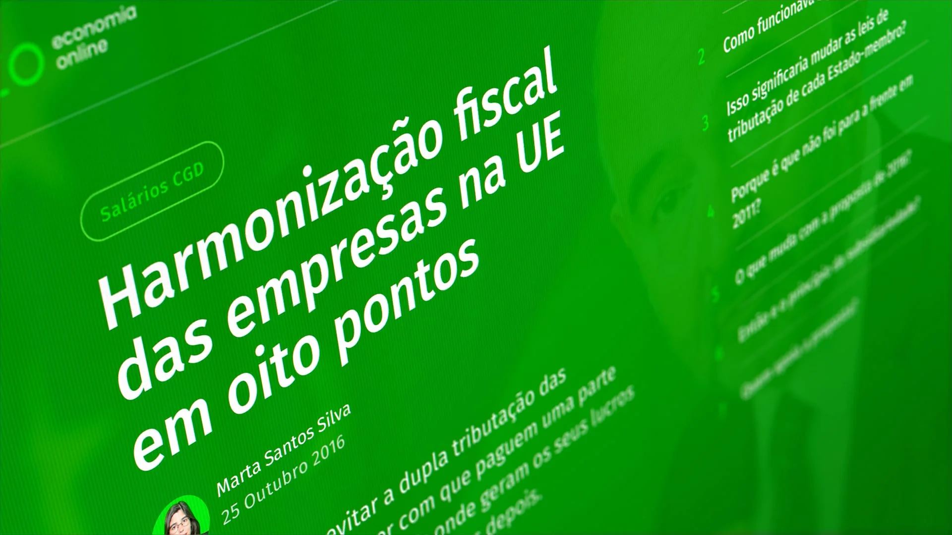 Green page "Harmonização fiscal das empresas na UE" with 8 points on fiscal harmonization.