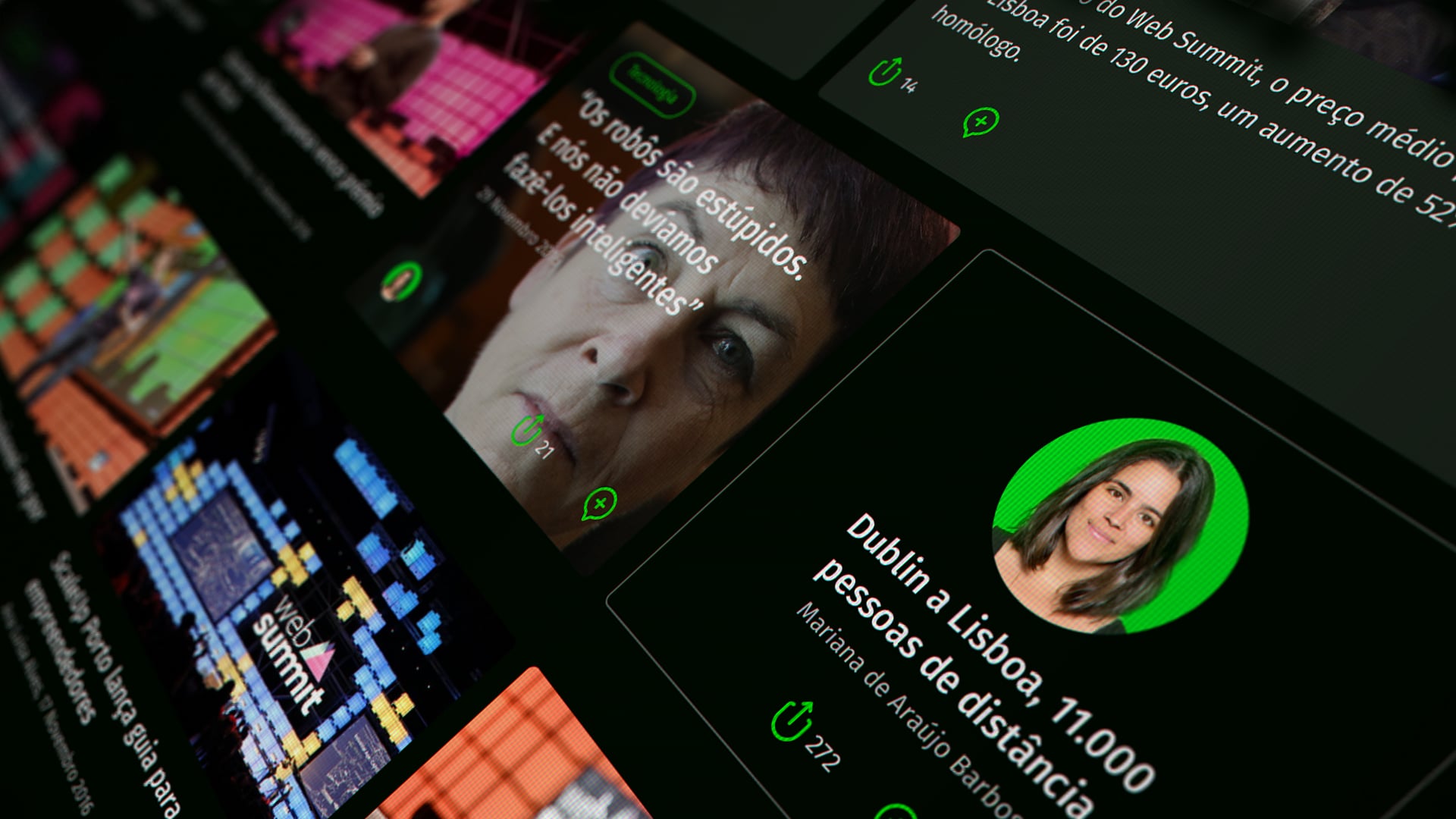 Close-up of a digital screen with Web Summit details, colorful graphics, and interaction options.