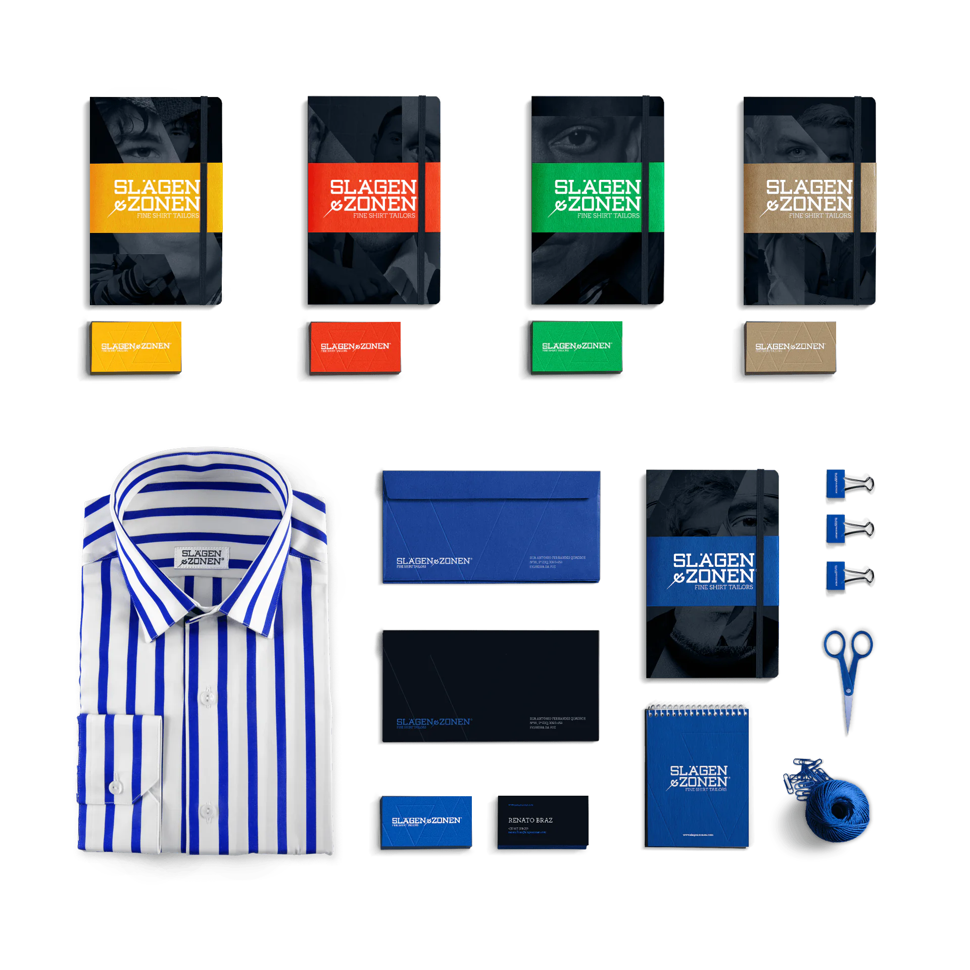 Branded office supplies: notebooks, business cards, blue shirt, scissors, and stationery.