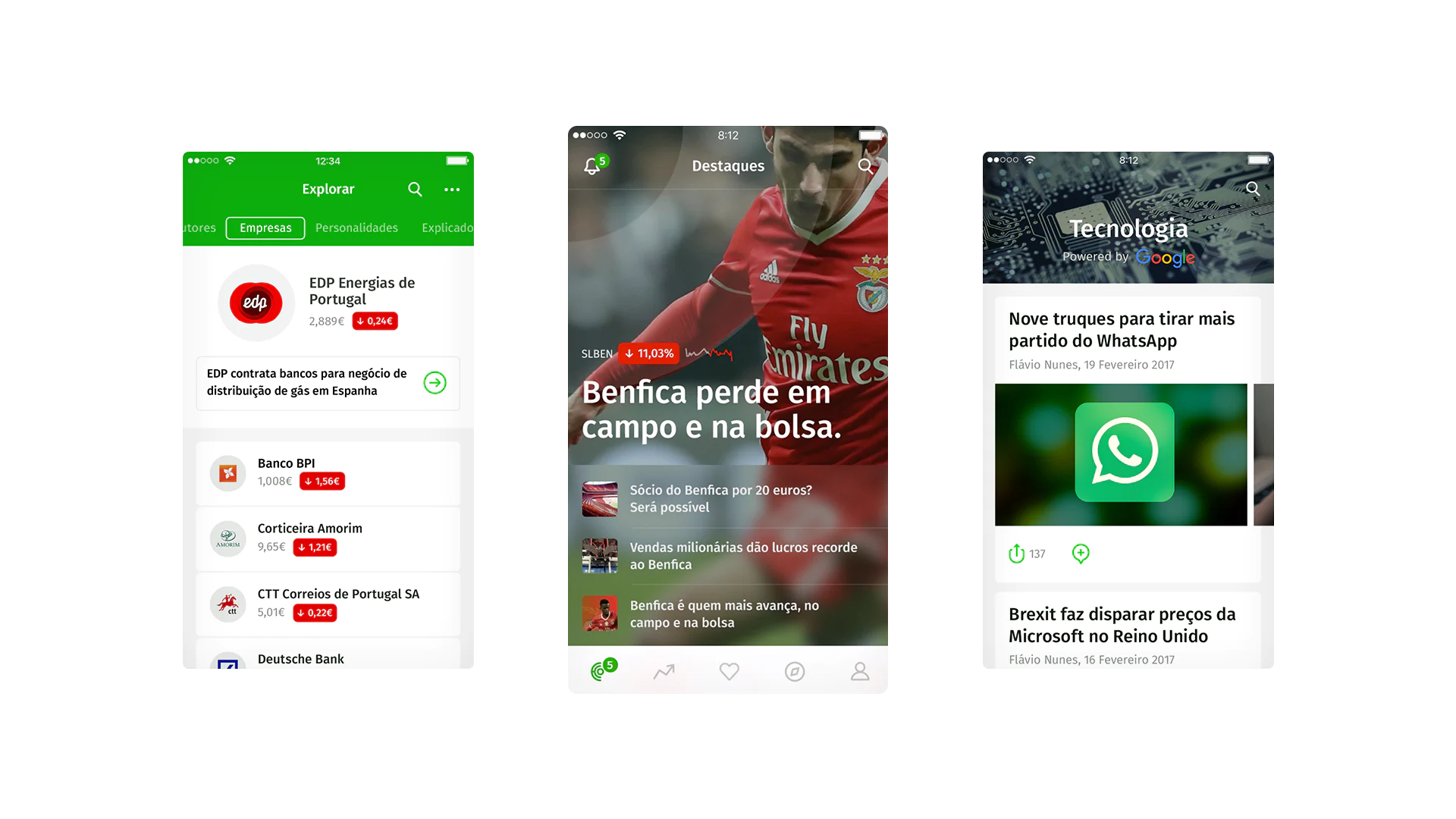 Mobile screen with apps on Benfica news, stock updates, and WhatsApp tech tips.