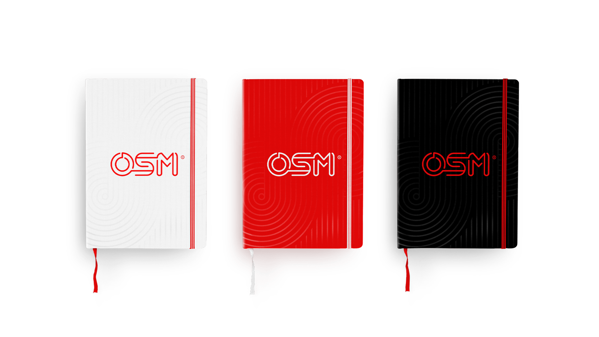 Three notebooks featuring a stylized "OSM" logo and spiral pattern design.