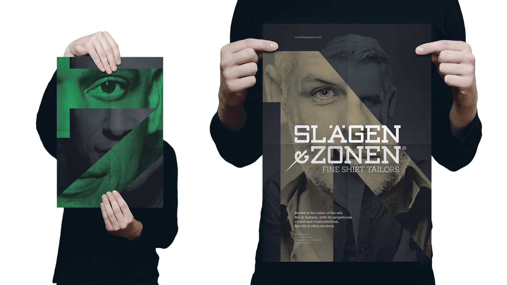 Person holding a "Slägen & Zonen" poster with a man's face graphic and a fashion quote version green and brown.