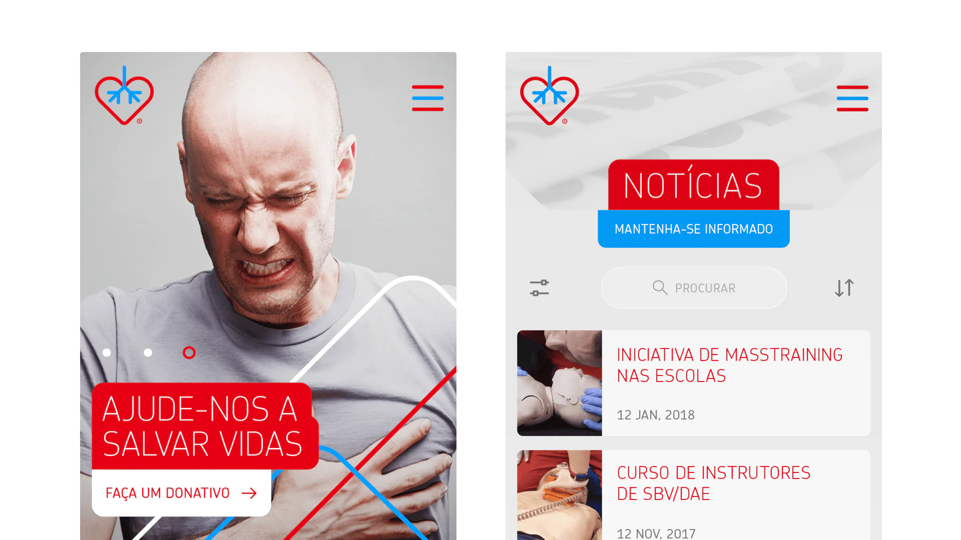 Web page promoting life-saving initiatives with a call for donations and training event updates.