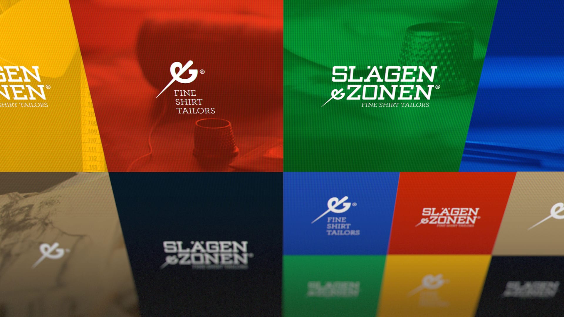 Collage of "Slägen & Zonen" and "Fine Shirt Tailors" logos, showcasing vibrant branding.