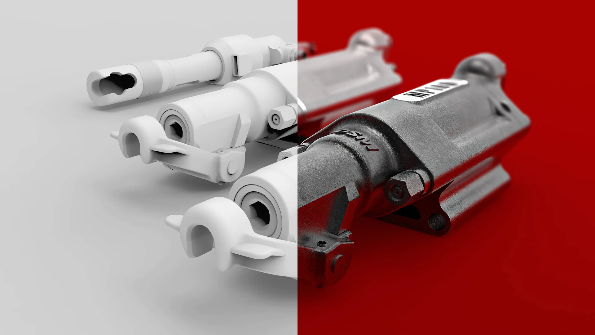 Close-up of mechanical components, showing before and after the 3D rendering process.