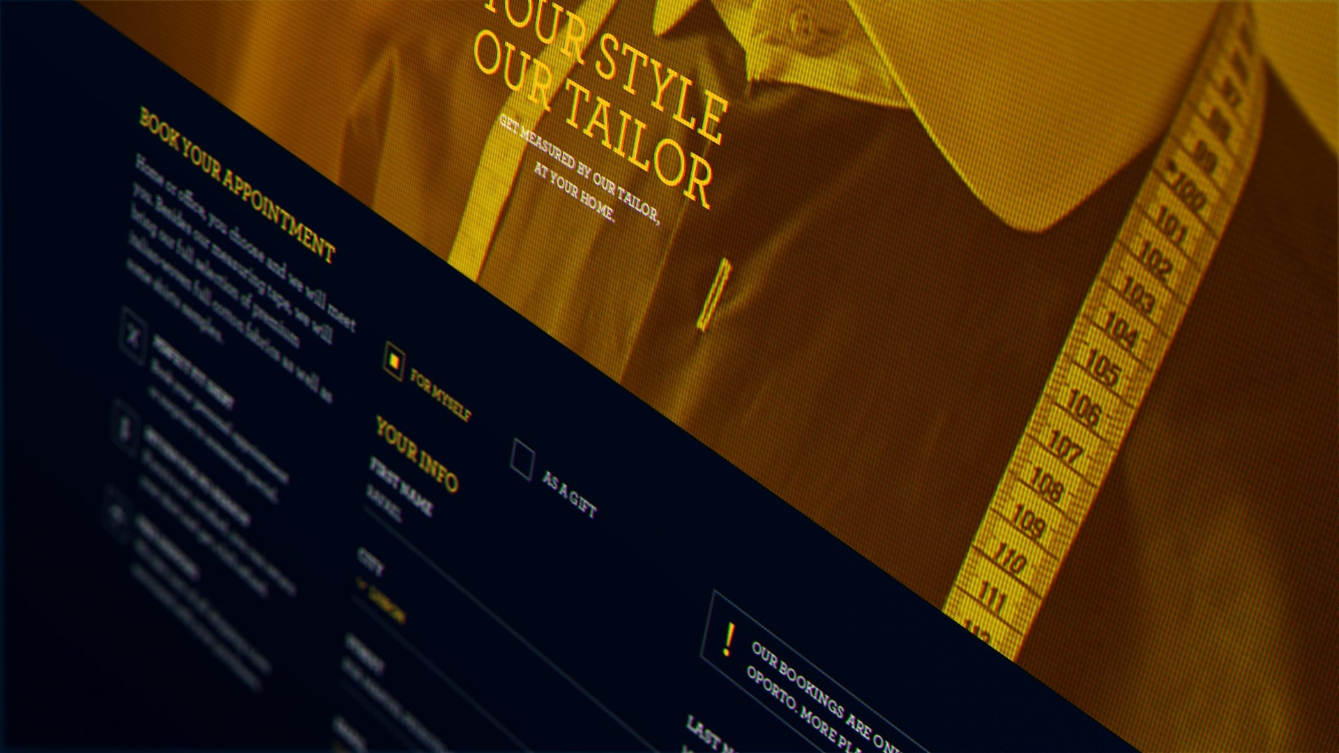 Tailoring appointment booking section with yellow theme and measurement details.