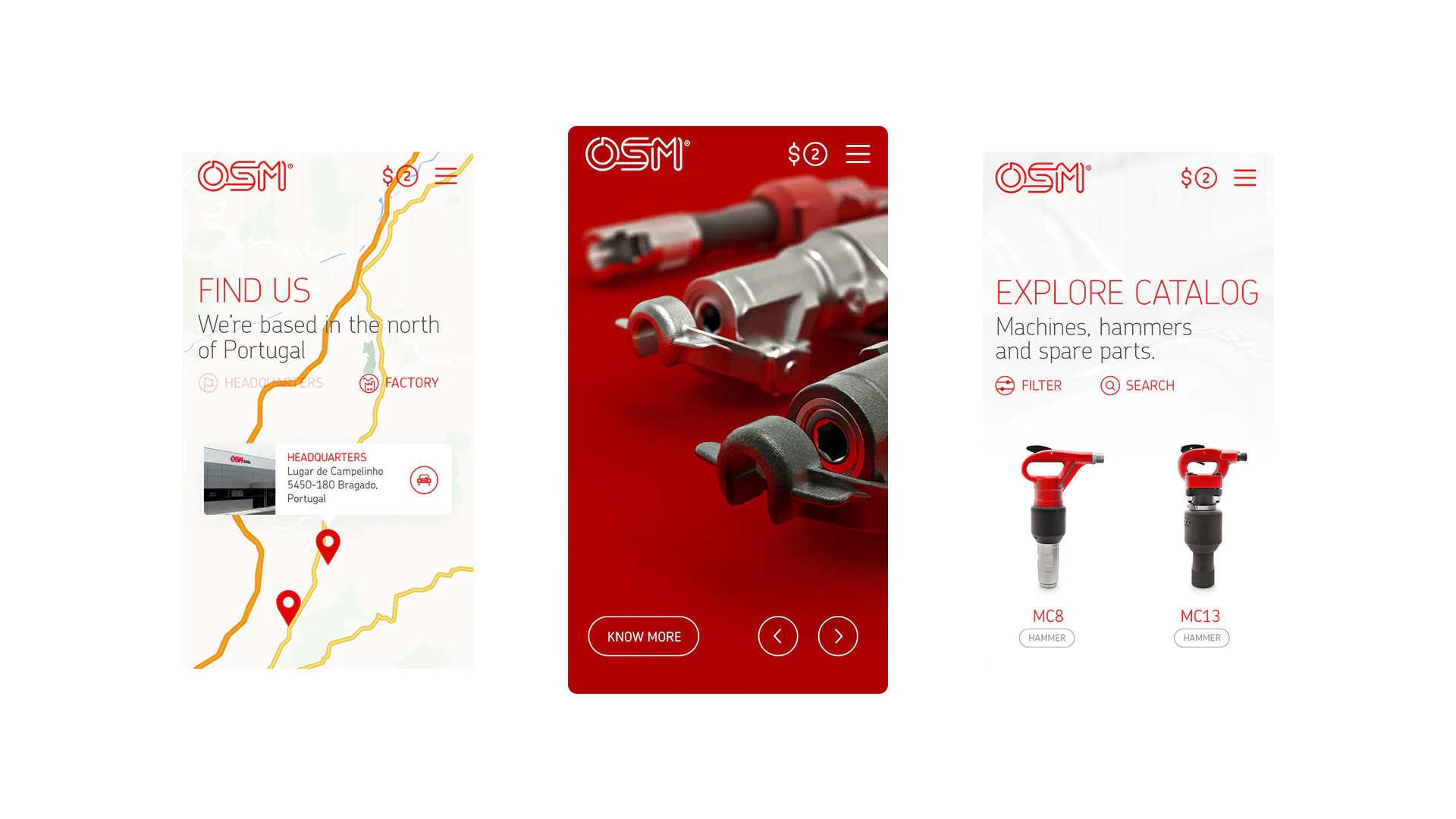 Three mobile app screens for OSM: HQ location map, machinery parts close-up, and tool catalog.