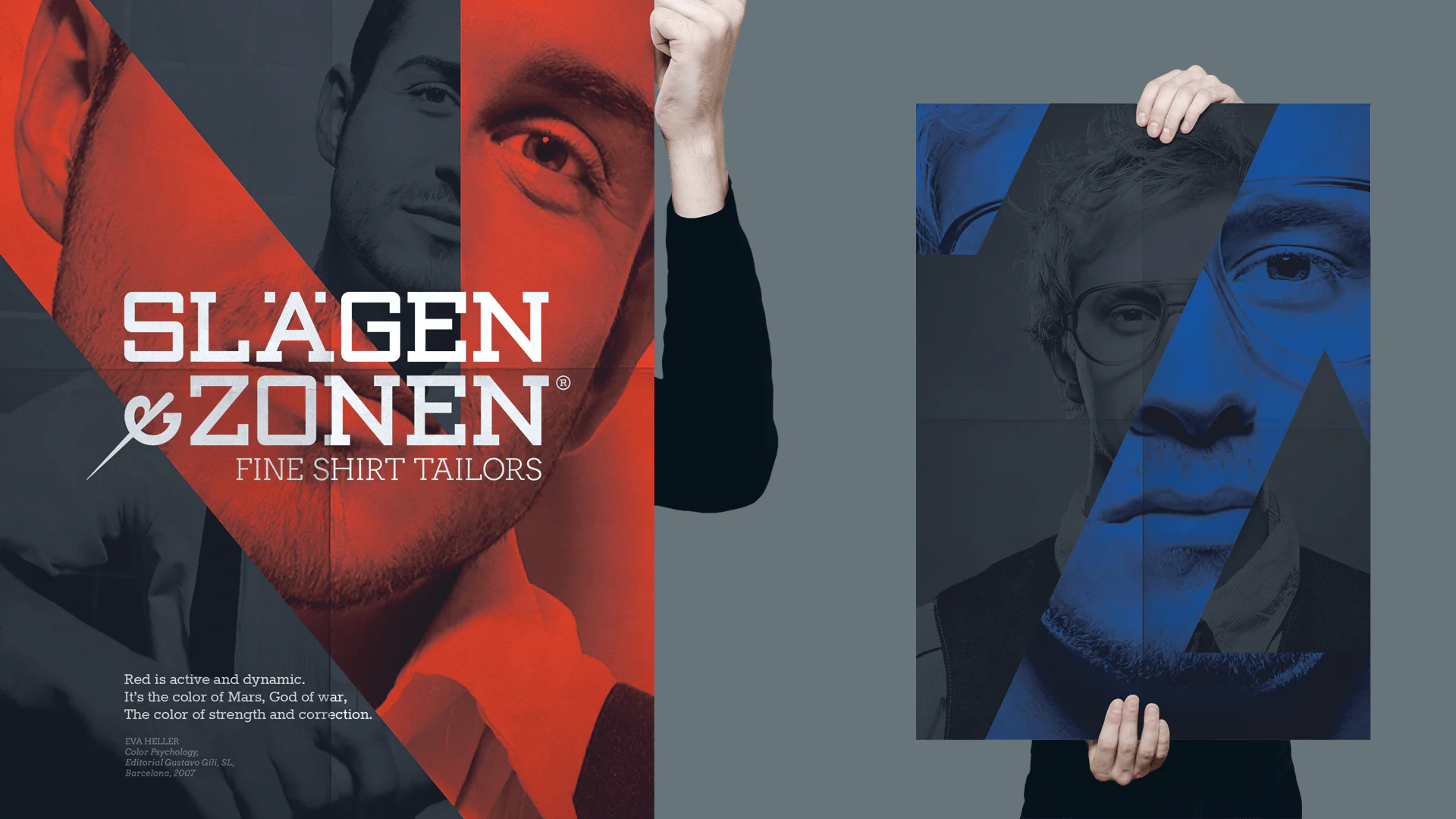 Person holding a "Slägen & Zonen" poster with a man's face graphic and a fashion quote version blue and red.