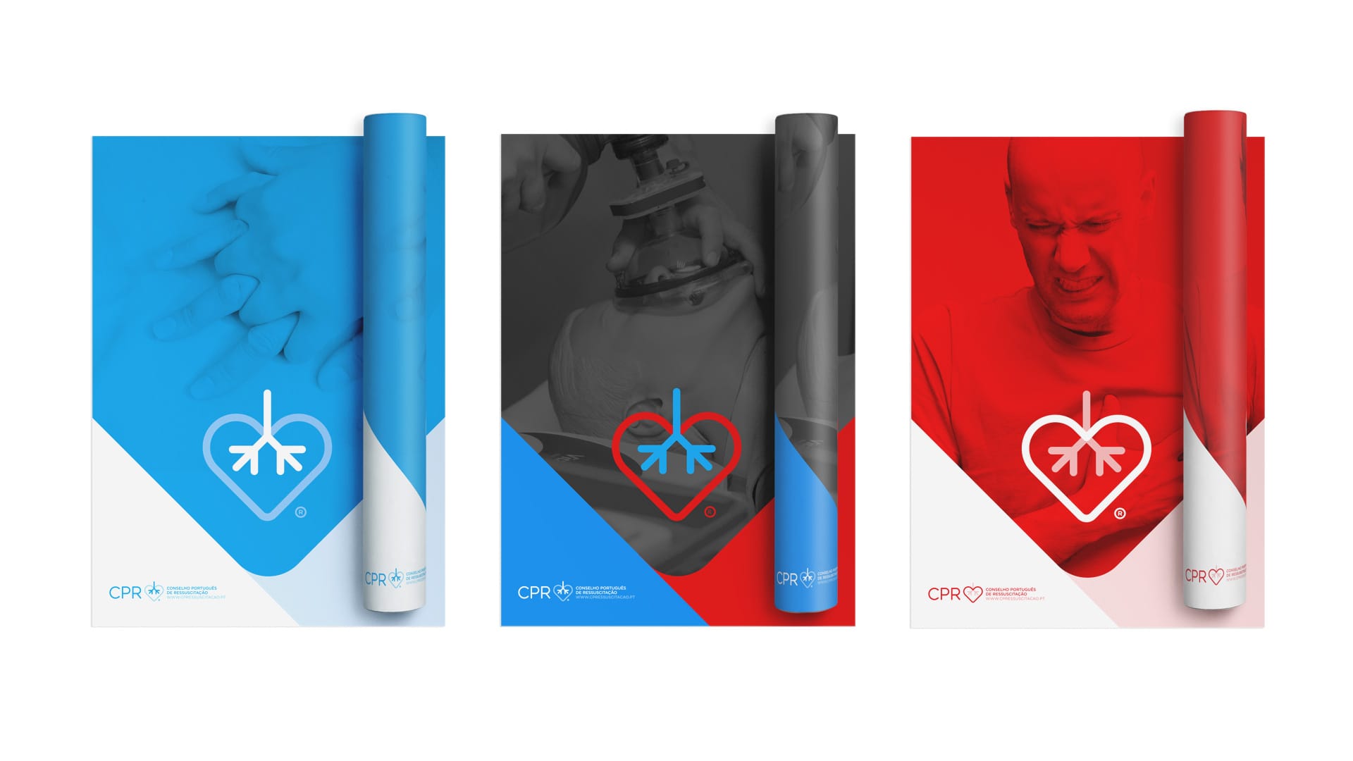 Three CPR posters: blue, grey with hands performing CPR, and red with logo.