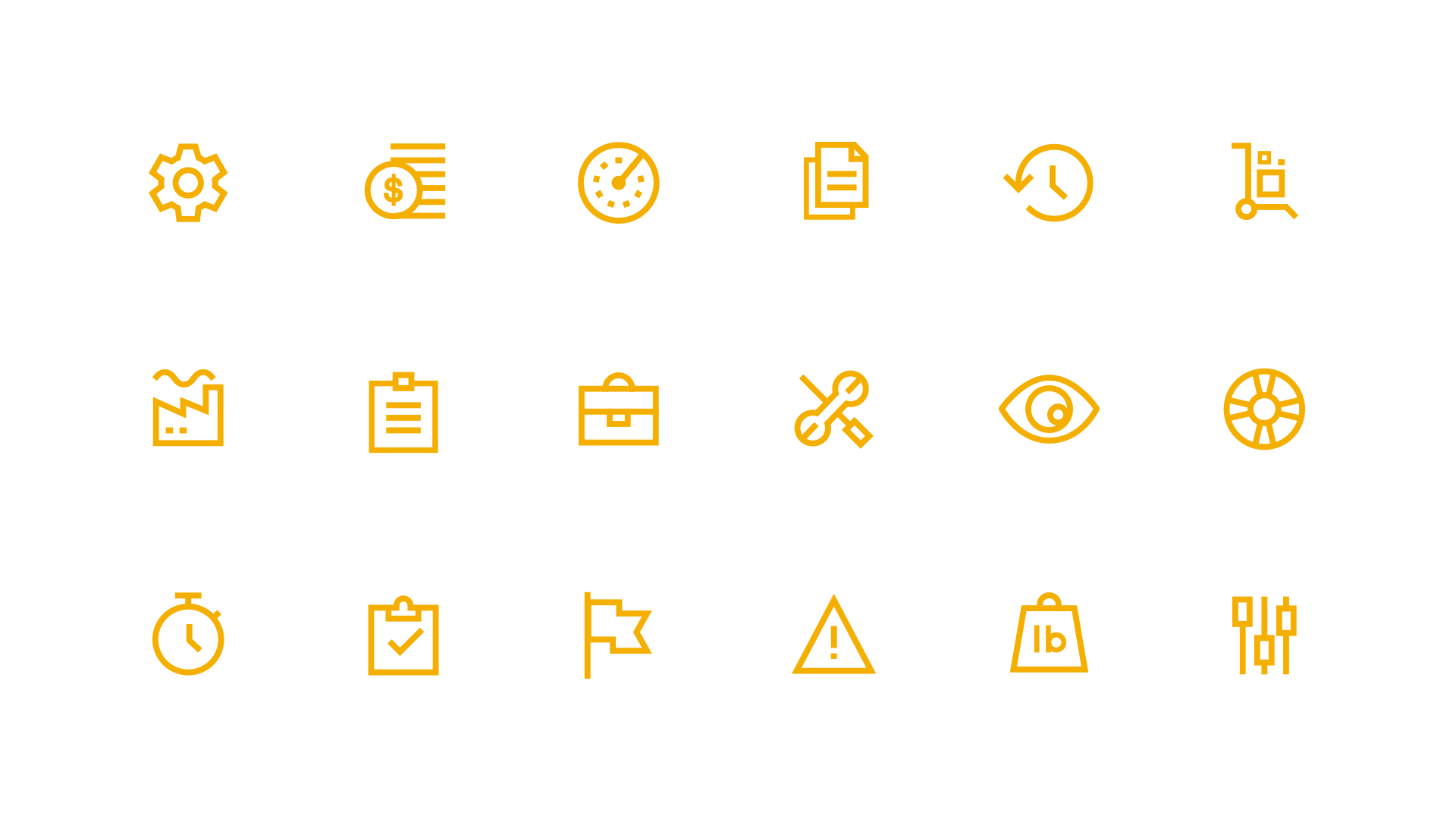 Grid of icons representing tools, tasks, metrics, including gears and clocks.