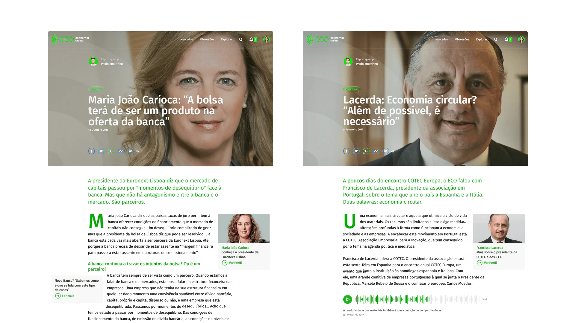 Two articles on banking and economics, featuring Carioca and Lacerda's insights.