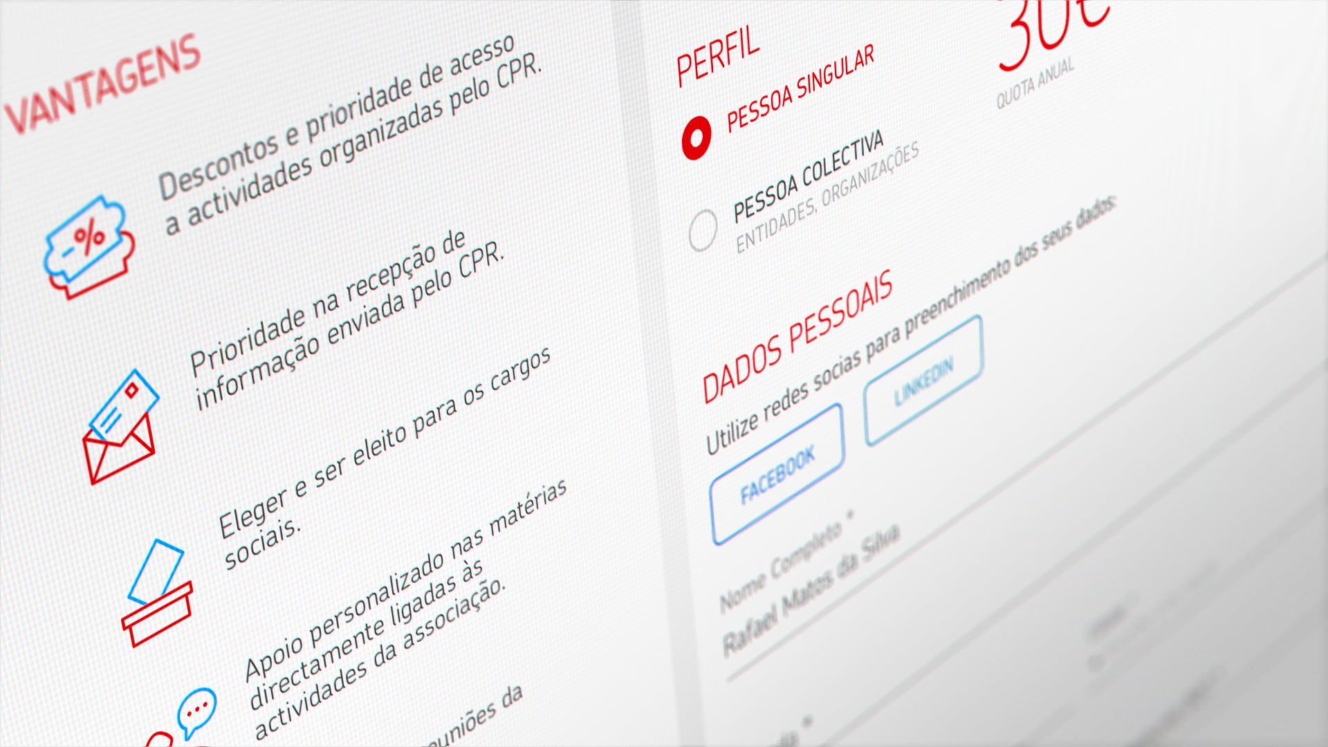 Membership registration screenshot with benefits, profile, and social media links in Portuguese.