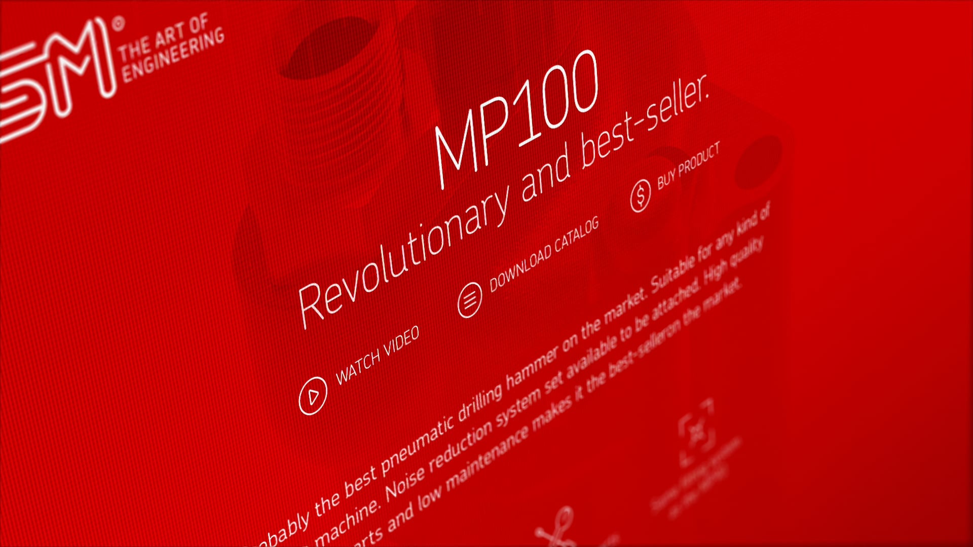 Website close-up of the MP100 pneumatic drilling hammer, showing features and best-seller label.