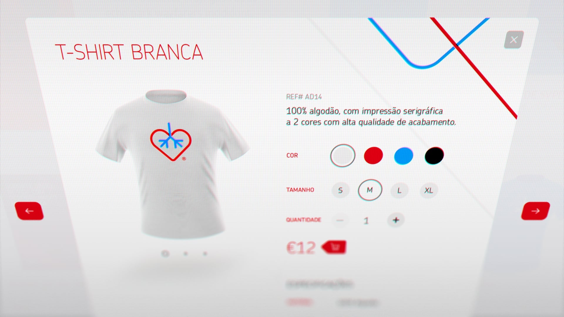 Interface with a white T-shirt featuring a heart design, blue line, and options for sizes.