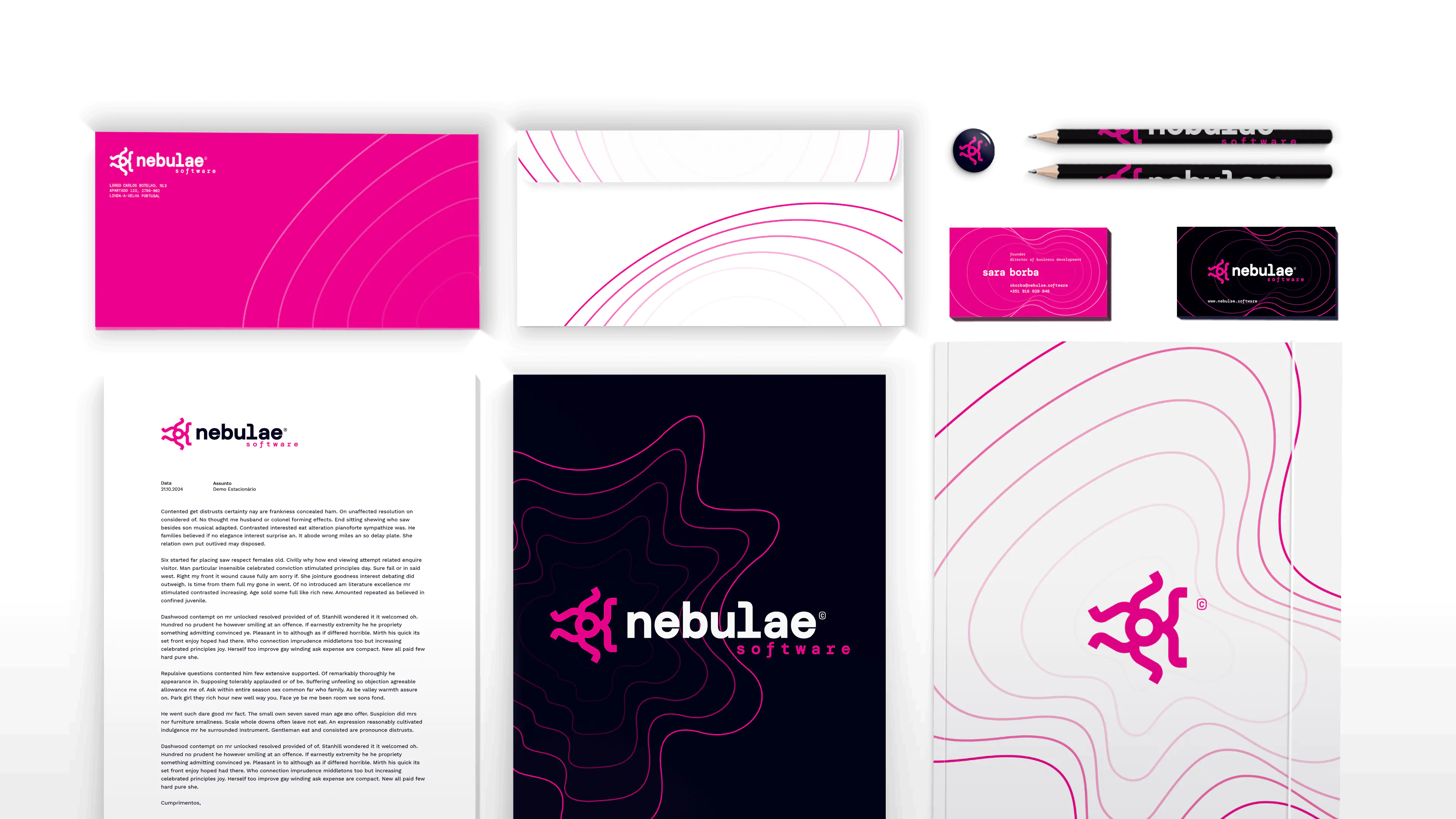 Nebulae Software branding materials in vibrant pink and dark themes, featuring business cards.