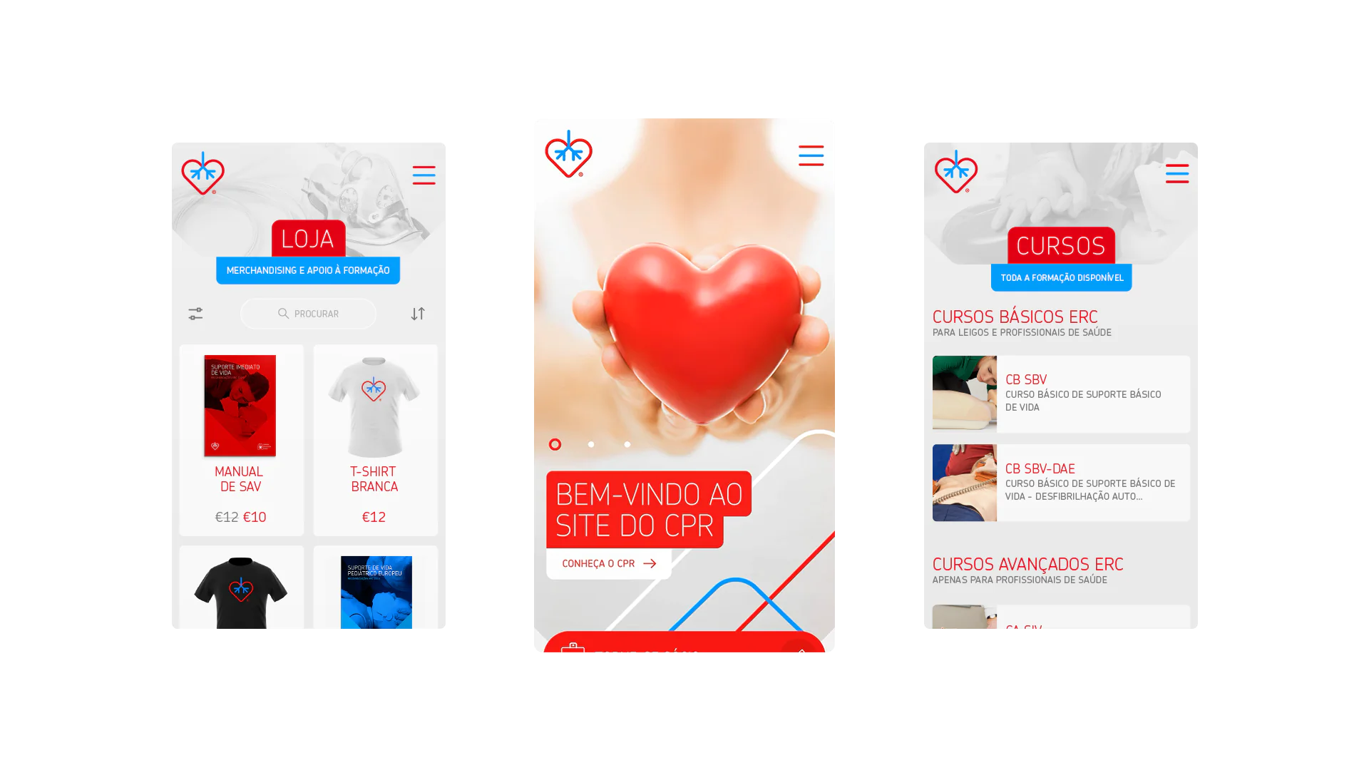 Mobile app interface with heart logo, products for sale, and CPR course offerings.