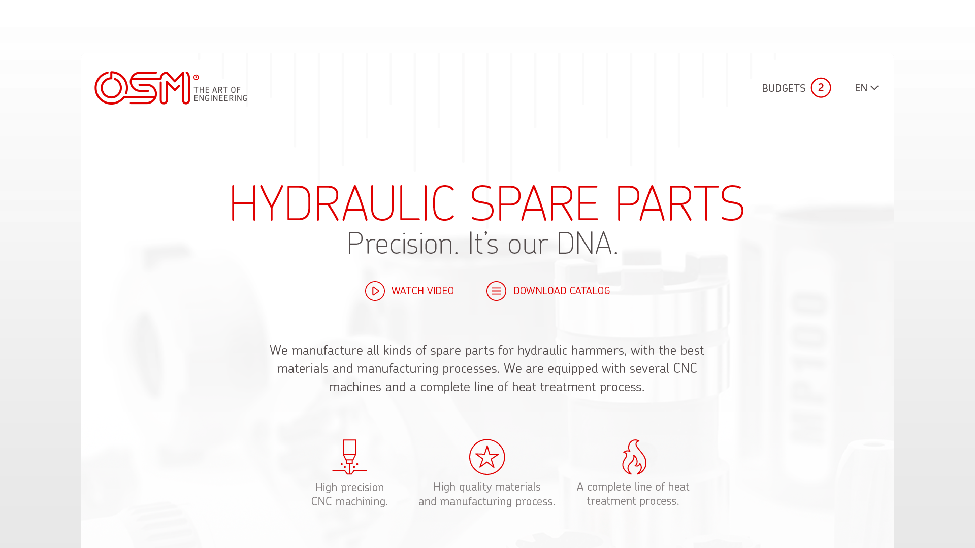 Website header highlighting hydraulic spare parts, precision engineering, video, and catalog.