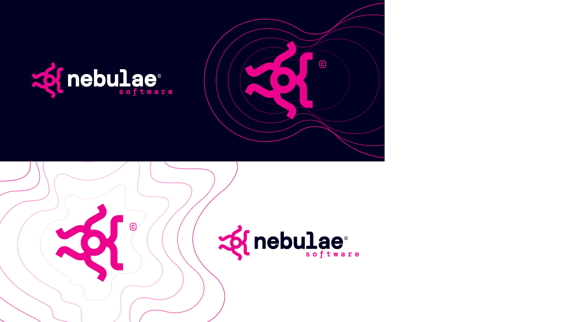 Collage of Nebulae Software logo designs, featuring a bold pink logo on contrasting backgrounds.