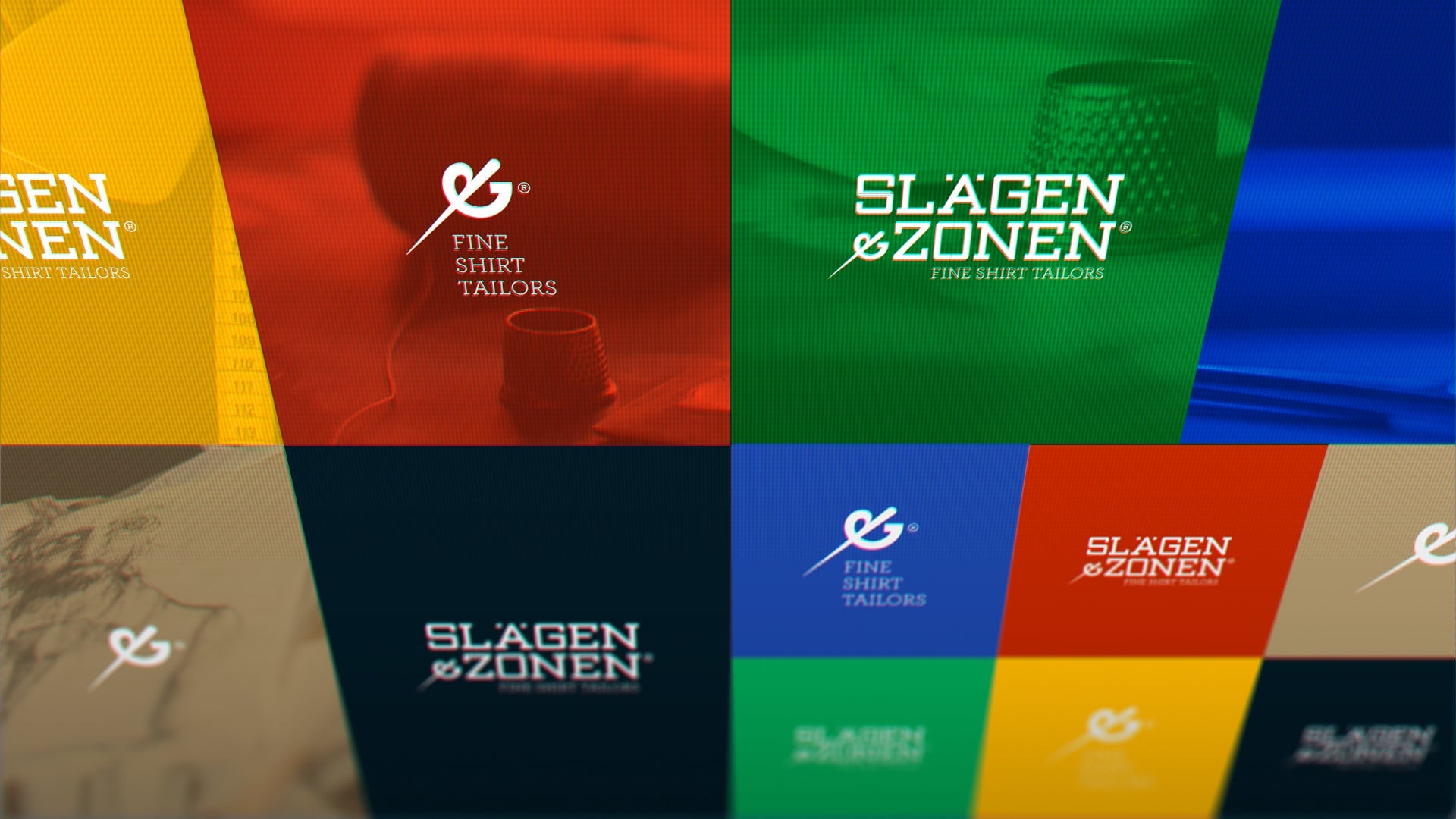 Collage of "Slägen & Zonen" and "Fine Shirt Tailors" logos, showcasing vibrant branding.