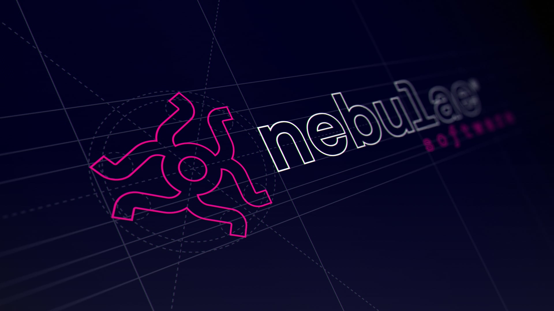Nebulae Software logo with a pink abstract symbol and modern typography on a dark grid background.