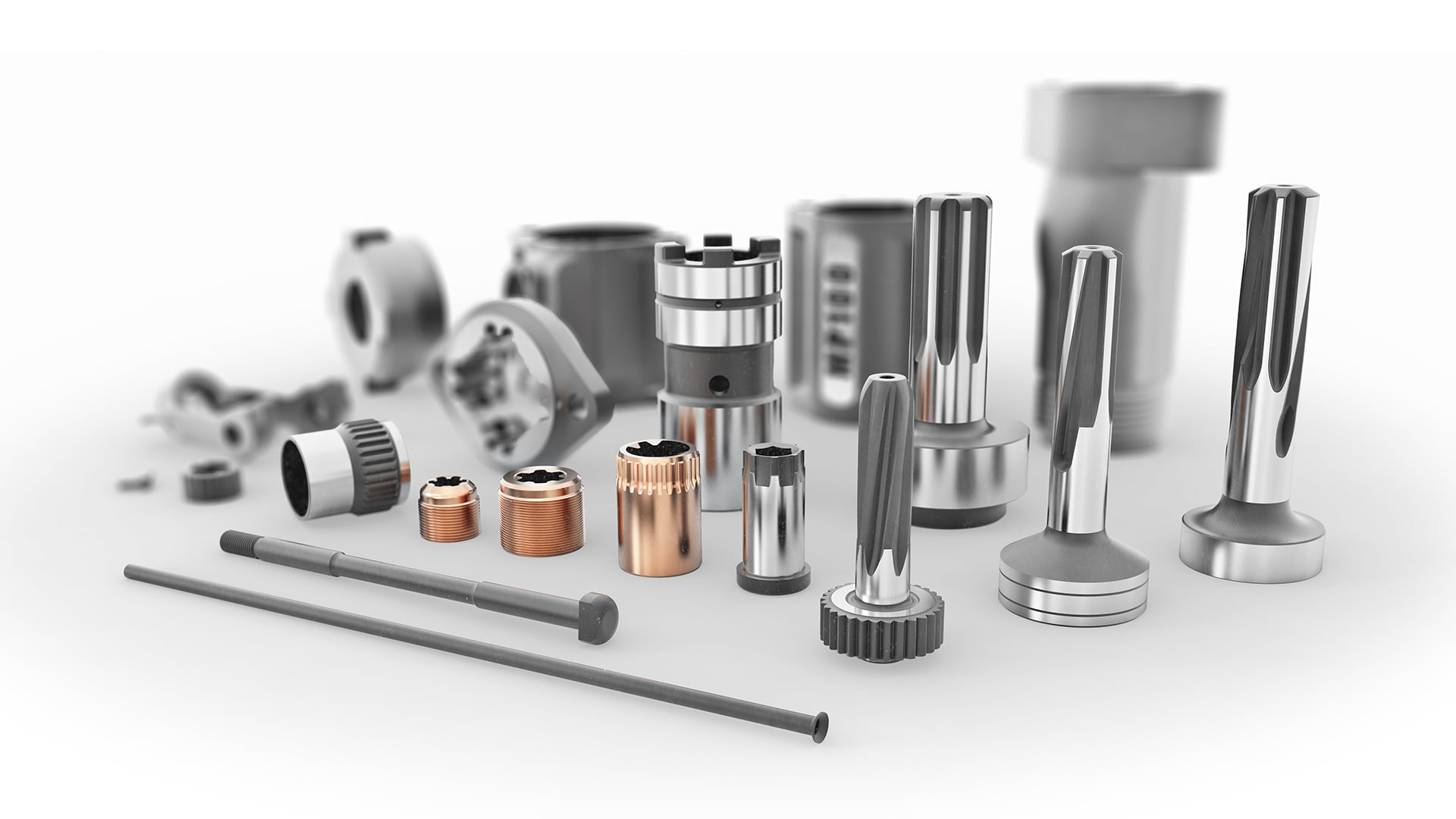 A collection of intricate metal mechanical components, including gears, screws, and fittings.