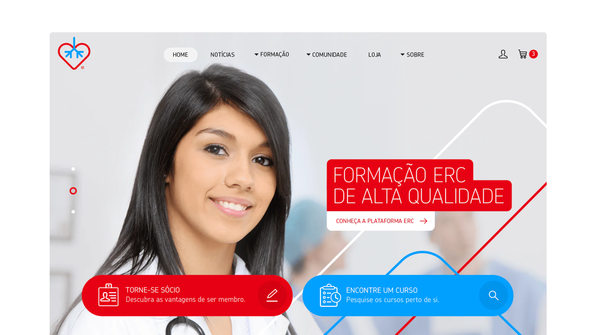 Healthcare website interface with a female doctor, featuring courses and membership benefits.
