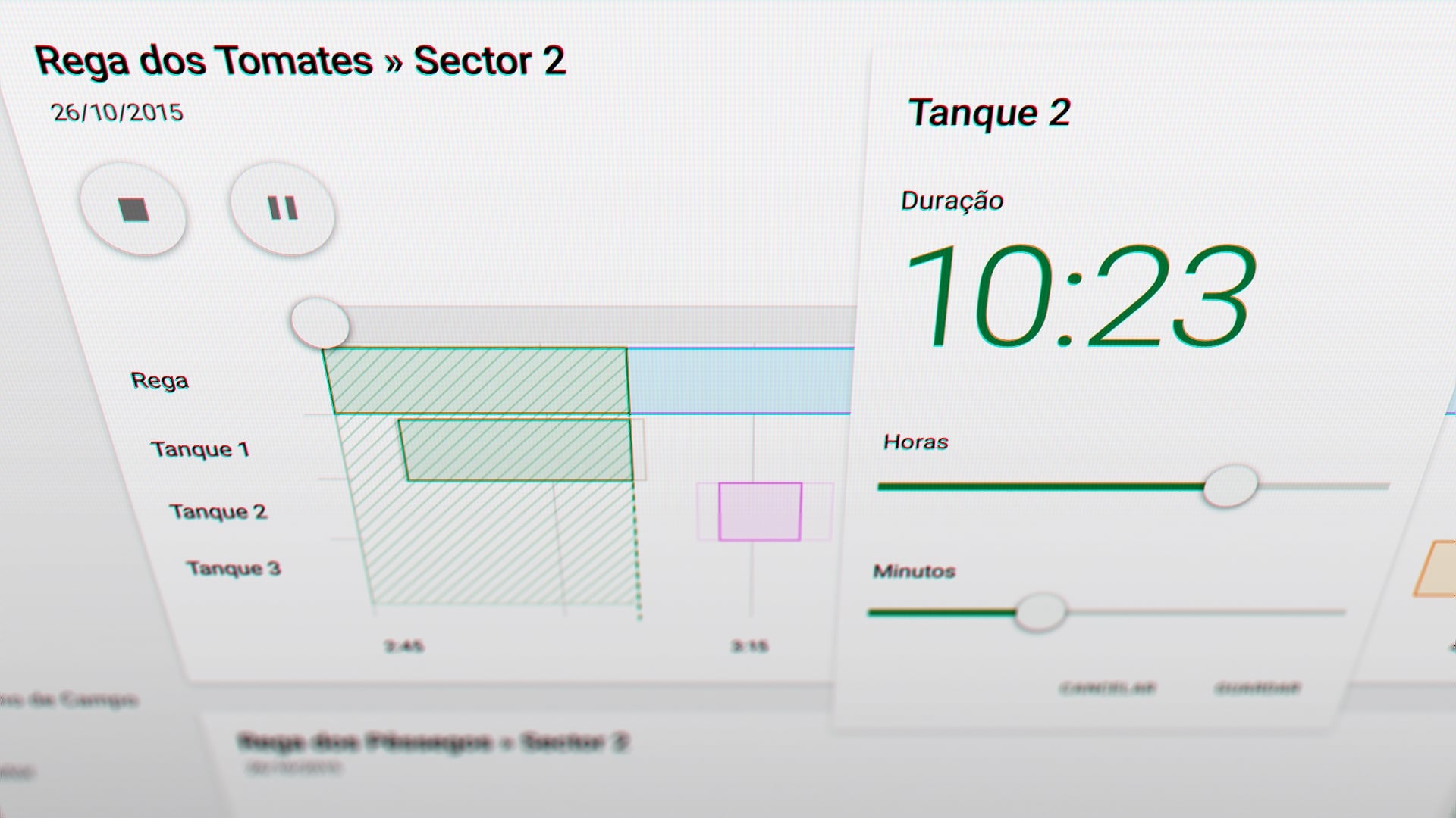 Watering schedule interface for tomatoes with timers, sectors, and duration options.